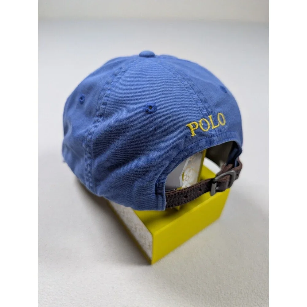 Vintage 90’s POLO Ralph Lauren Blue Yellow Pony Leather Strap Dad Hat Cap Y2K
